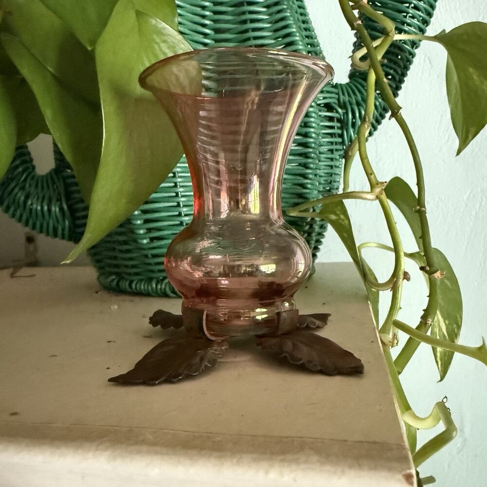 Antique Cranberry Vase With Metal Leaves